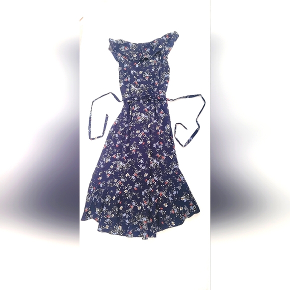 NWOT! Max Studio Floral Women's Navy Ruffled Wrap Dress Size XS - Picture 4 of 7